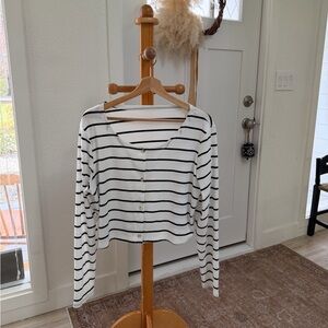 Striped Button-Front Cropped Top - White with Black Stripes